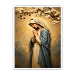 Virgin Mary praying wall art with blossoms and golden halo luxury religious canvas print