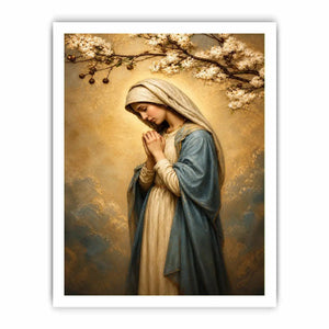 Virgin Mary praying wall art with blossoms and golden halo luxury religious canvas print