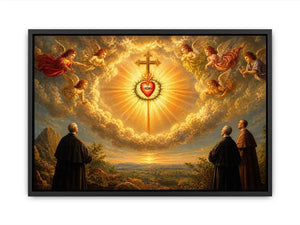 Sacred Heart of Jesus wall art with angels, radiant golden cross, and heavenly clouds in renaissance style canvas print