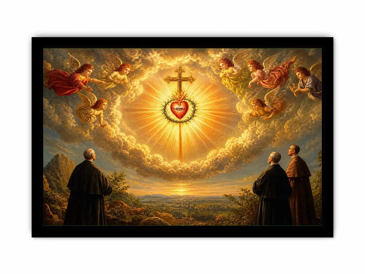Sacred Heart of Jesus wall art with angels, radiant golden cross, and heavenly clouds in renaissance style canvas print