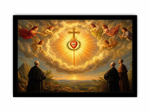 Sacred Heart of Jesus wall art with angels, radiant golden cross, and heavenly clouds in renaissance style canvas print