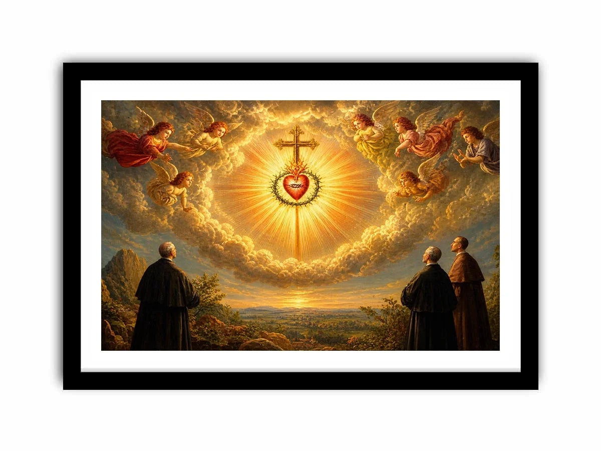 Sacred Heart of Jesus wall art with angels, radiant golden cross, and heavenly clouds in renaissance style canvas print