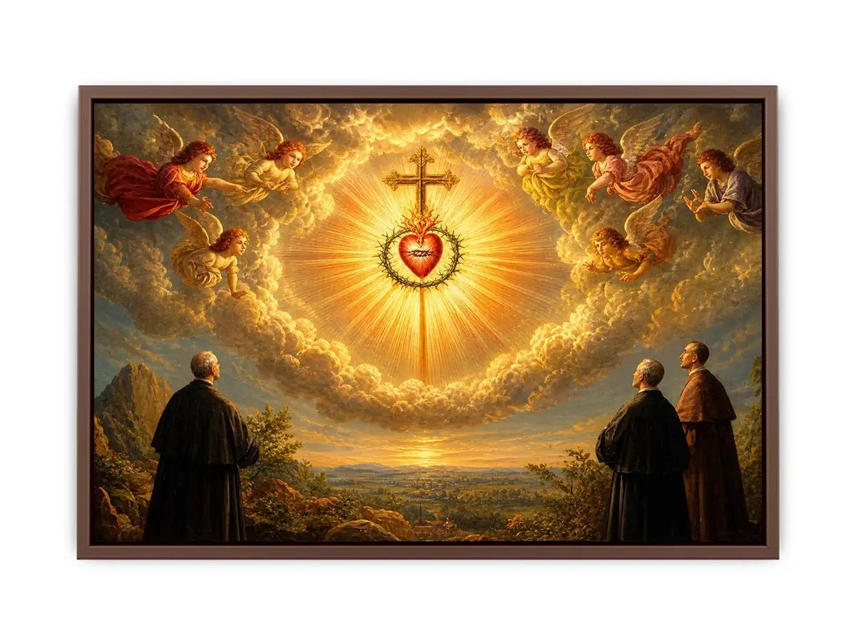 Sacred Heart of Jesus wall art with angels, radiant golden cross, and heavenly clouds in renaissance style canvas print