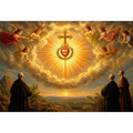 Sacred Heart of Jesus wall art with angels, radiant golden cross, and heavenly clouds in renaissance style canvas print