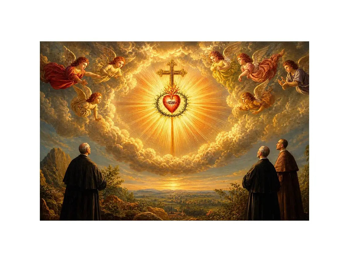 Sacred Heart of Jesus wall art with angels, radiant golden cross, and heavenly clouds in renaissance style canvas print