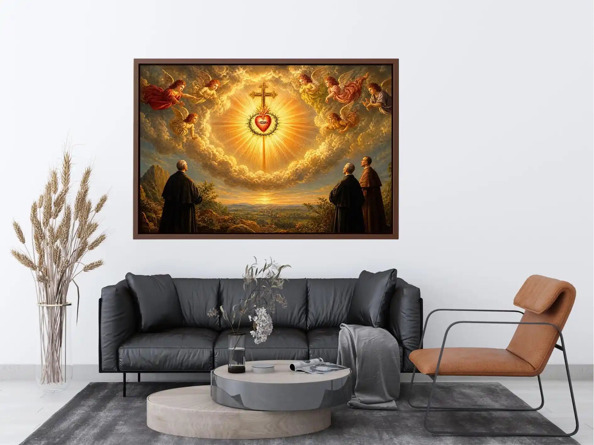 Sacred Heart of Jesus wall art with angels, radiant golden cross, and heavenly clouds in renaissance style canvas print