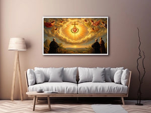 Sacred Heart of Jesus wall art with angels, radiant golden cross, and heavenly clouds in renaissance style canvas print
