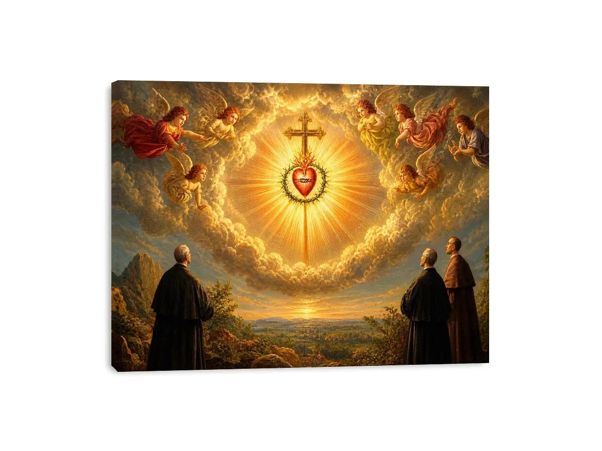Sacred Heart of Jesus wall art with angels, radiant golden cross, and heavenly clouds in renaissance style canvas print