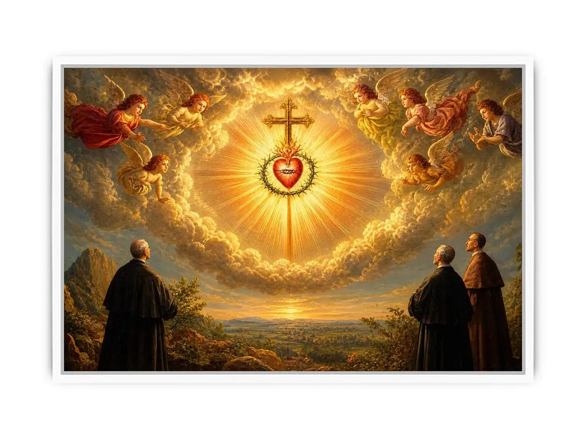 Sacred Heart of Jesus wall art with angels, radiant golden cross, and heavenly clouds in renaissance style canvas print