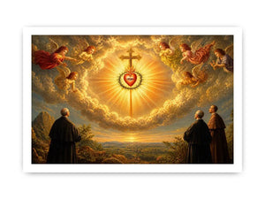 Sacred Heart of Jesus wall art with angels, radiant golden cross, and heavenly clouds in renaissance style canvas print