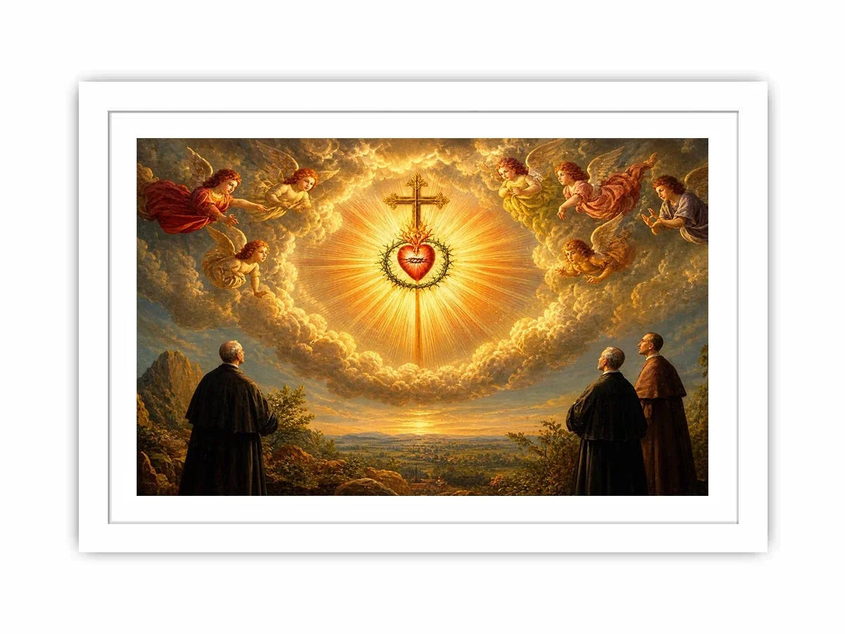 Sacred Heart of Jesus wall art with angels, radiant golden cross, and heavenly clouds in renaissance style canvas print