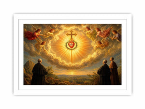 Sacred Heart of Jesus wall art with angels, radiant golden cross, and heavenly clouds in renaissance style canvas print
