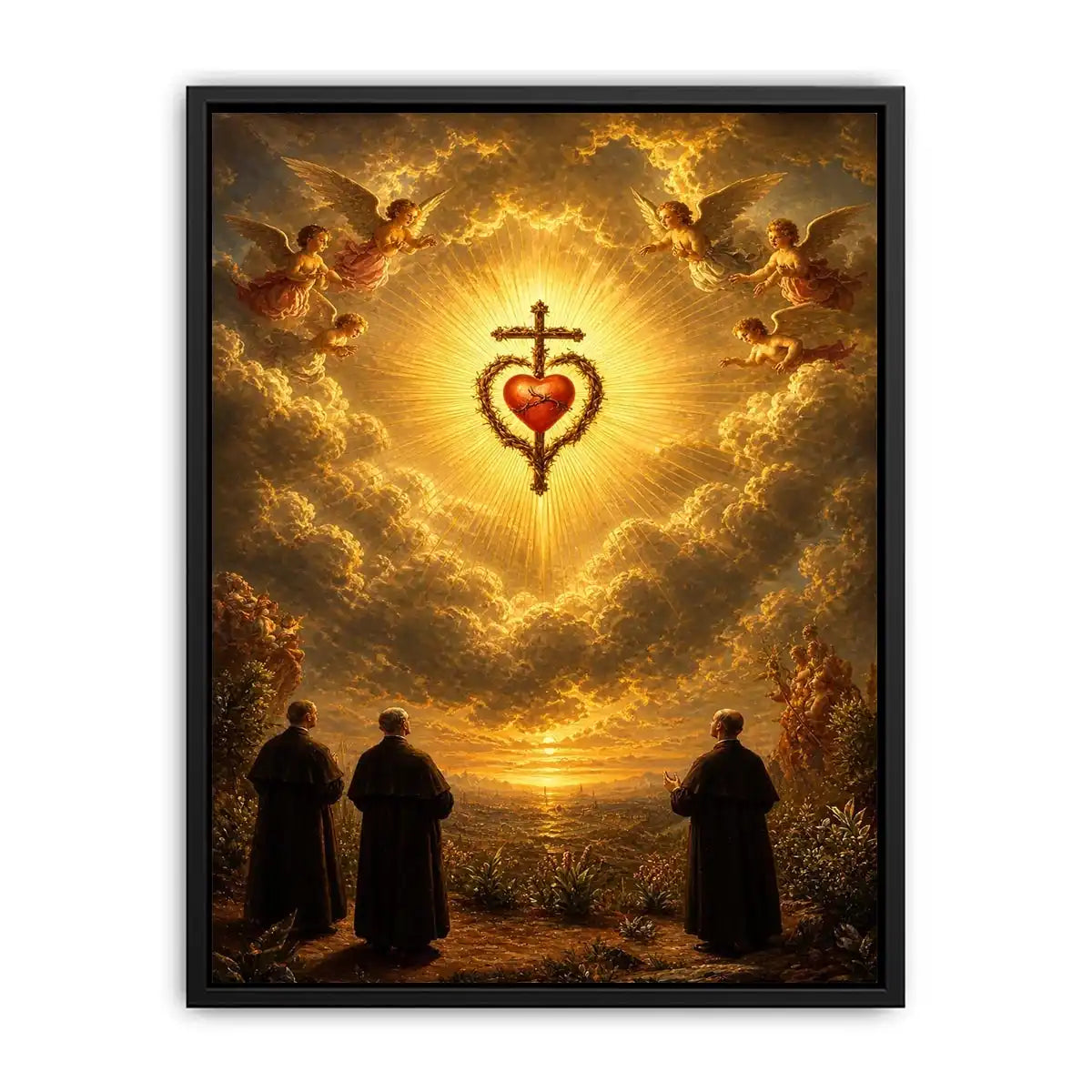 Sacred Heart of Jesus wall art with angels, glowing golden clouds, radiant cross, and heavenly renaissance style canvas print