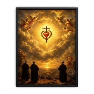 Sacred Heart of Jesus wall art with angels, glowing golden clouds, radiant cross, and heavenly renaissance style canvas print