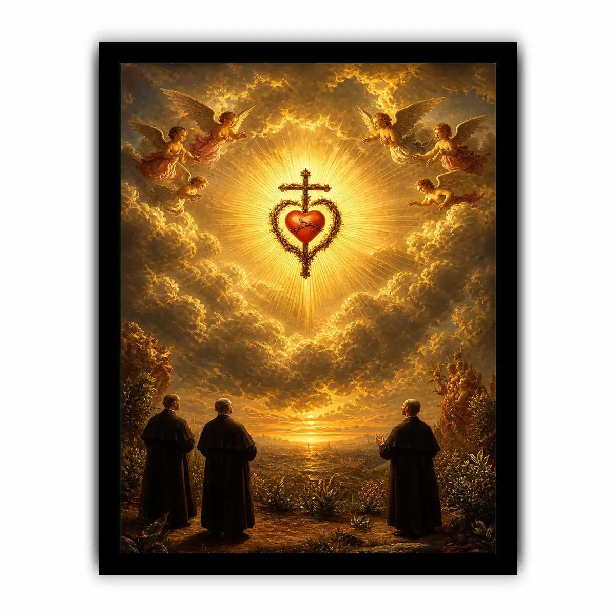 Sacred Heart of Jesus wall art with angels, glowing golden clouds, radiant cross, and heavenly renaissance style canvas print