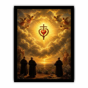 Sacred Heart of Jesus wall art with angels, glowing golden clouds, radiant cross, and heavenly renaissance style canvas print