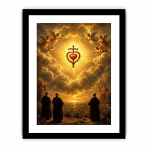Sacred Heart of Jesus wall art with angels, glowing golden clouds, radiant cross, and heavenly renaissance style canvas print