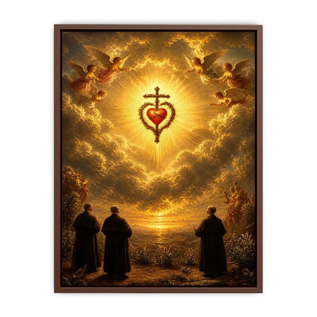 Sacred Heart of Jesus wall art with angels, glowing golden clouds, radiant cross, and heavenly renaissance style canvas print