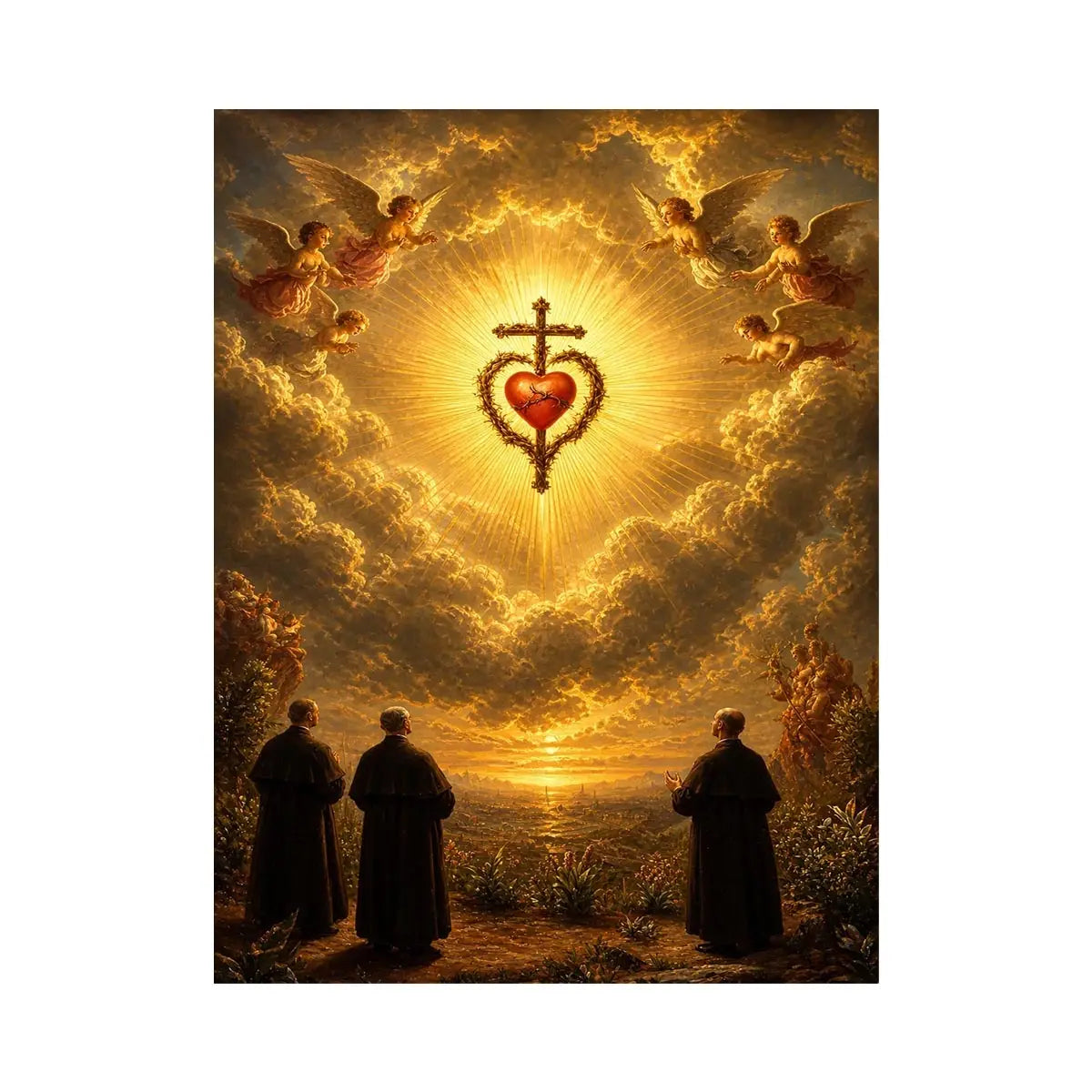 Sacred Heart of Jesus wall art with angels, glowing golden clouds, radiant cross, and heavenly renaissance style canvas print