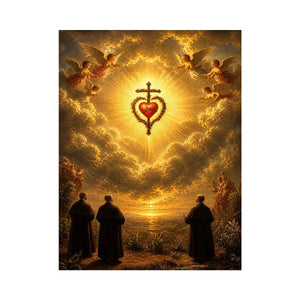 Sacred Heart of Jesus wall art with angels, glowing golden clouds, radiant cross, and heavenly renaissance style canvas print