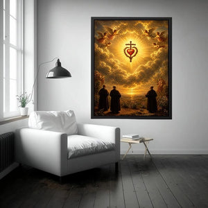 Sacred Heart of Jesus wall art with angels, glowing golden clouds, radiant cross, and heavenly renaissance style canvas print