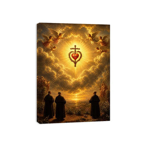 Sacred Heart of Jesus wall art with angels, glowing golden clouds, radiant cross, and heavenly renaissance style canvas print