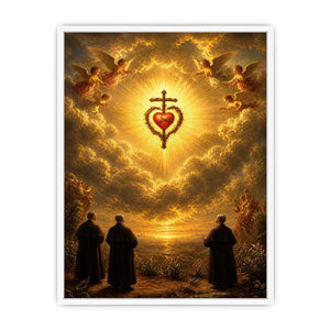 Sacred Heart of Jesus wall art with angels, glowing golden clouds, radiant cross, and heavenly renaissance style canvas print