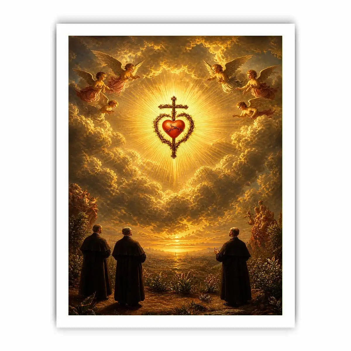 Sacred Heart of Jesus wall art with angels, glowing golden clouds, radiant cross, and heavenly renaissance style canvas print