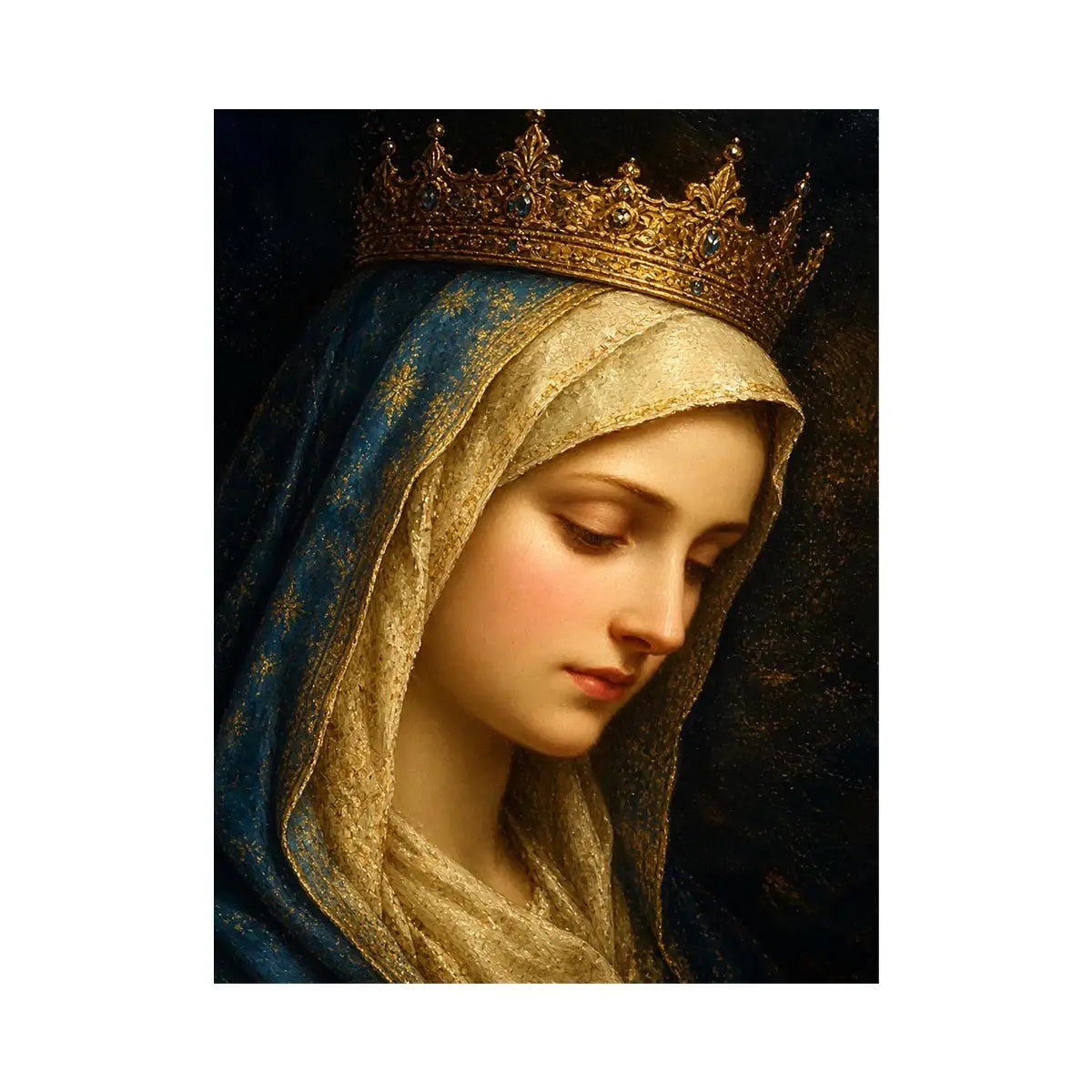 Virgin Mary portrait wall art with golden crown and blue veil in renaissance religious canvas style