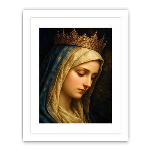 Virgin Mary portrait wall art with golden crown and blue veil in renaissance religious canvas style