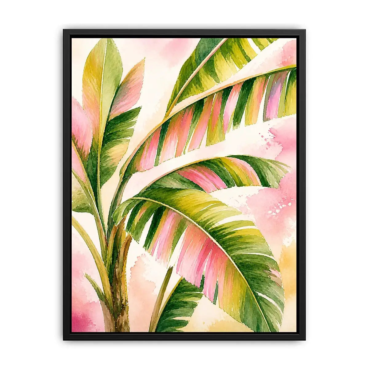 Tropical banana leaf watercolor wall art in blush pink and green botanical canvas print