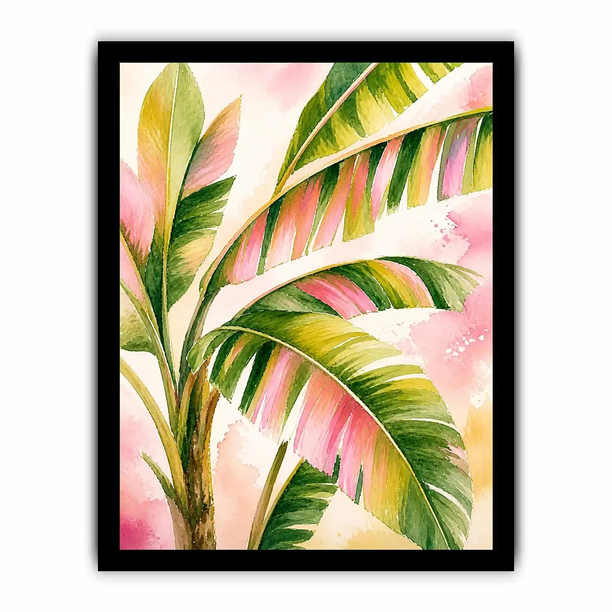 Tropical banana leaf watercolor wall art in blush pink and green botanical canvas print
