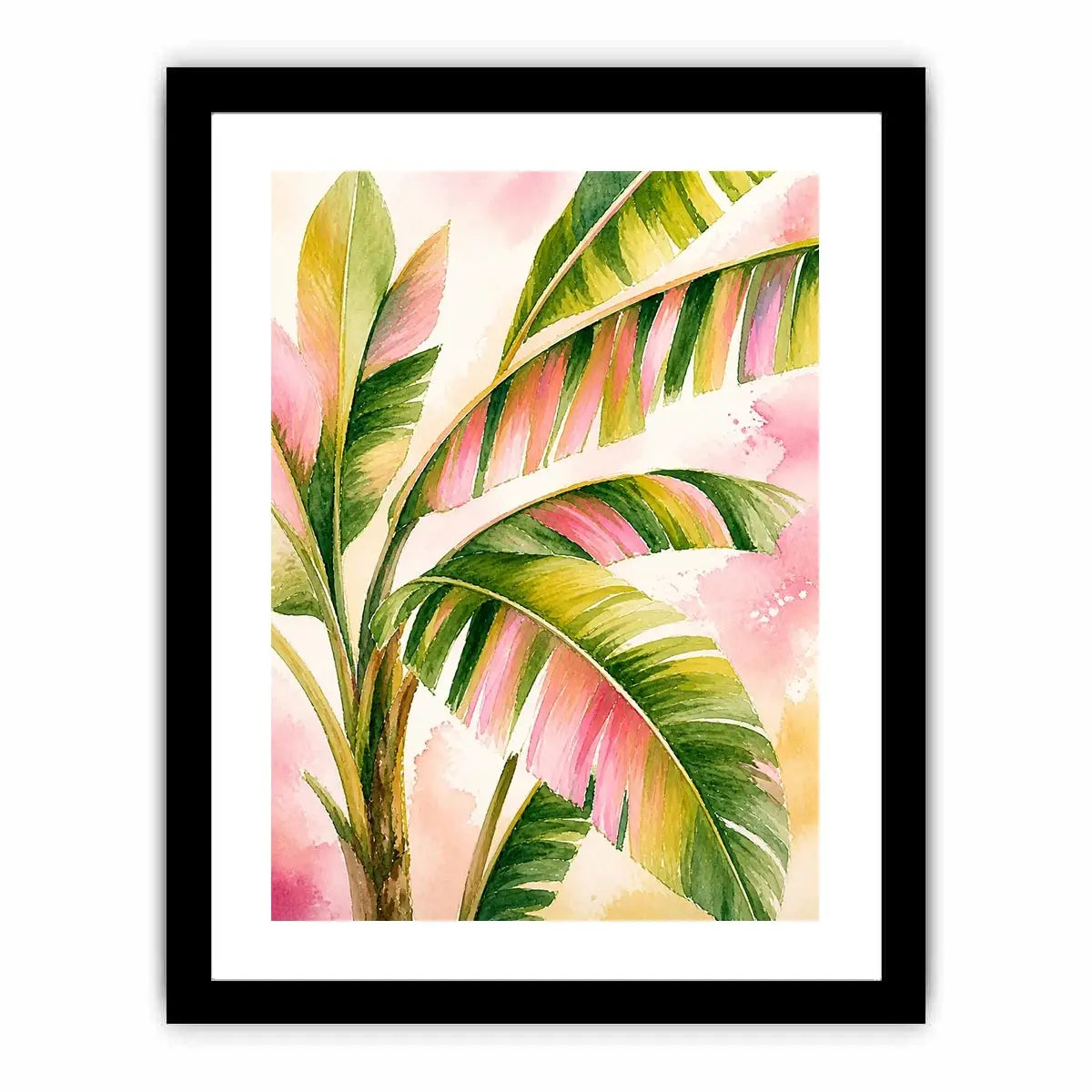 Tropical banana leaf watercolor wall art in blush pink and green botanical canvas print
