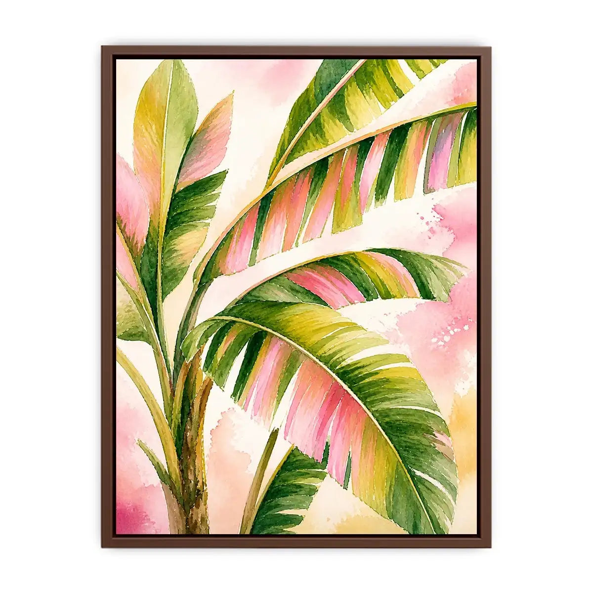 Tropical banana leaf watercolor wall art in blush pink and green botanical canvas print