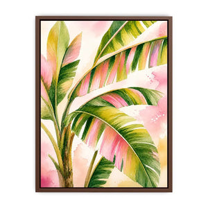 Tropical banana leaf watercolor wall art in blush pink and green botanical canvas print