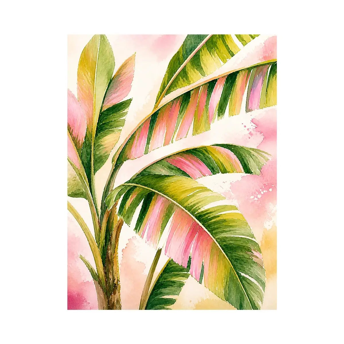 Tropical banana leaf watercolor wall art in blush pink and green botanical canvas print
