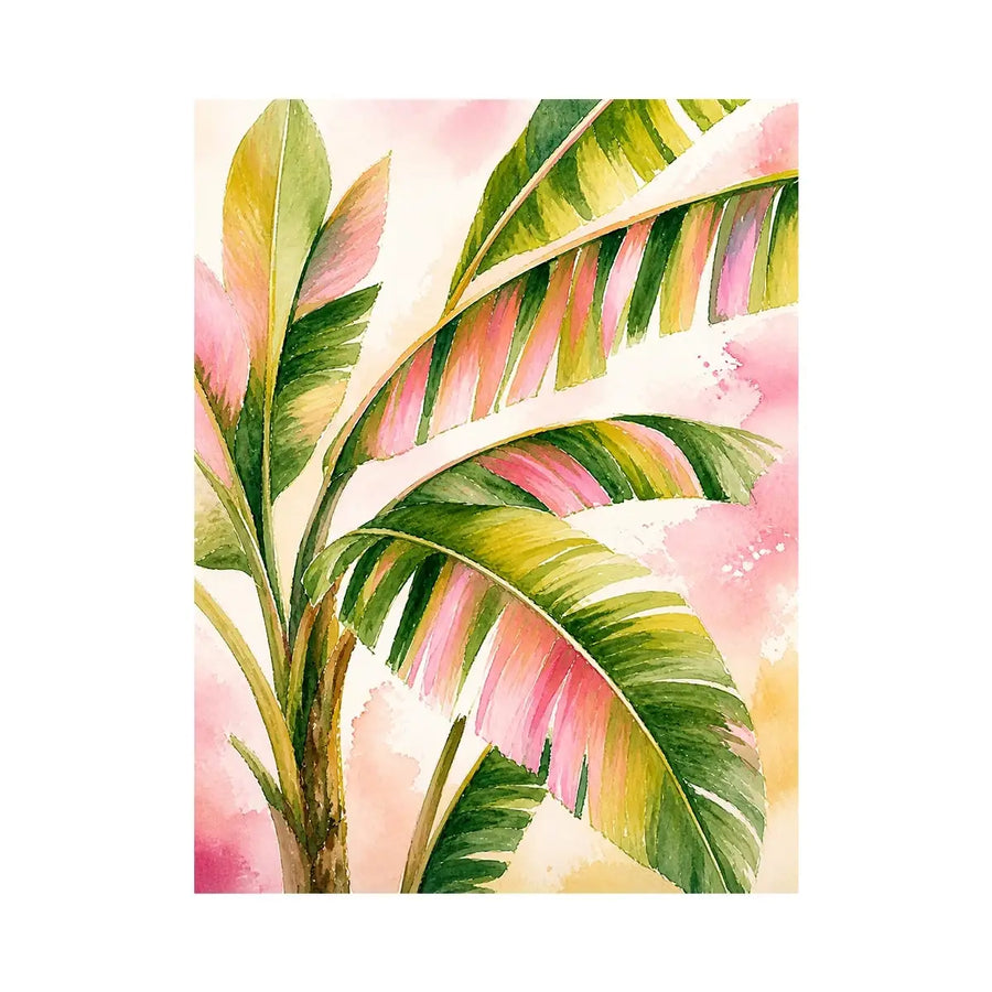 Tropical banana leaf watercolor wall art in blush pink and green botanical canvas print