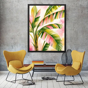 Tropical banana leaf watercolor wall art in blush pink and green botanical canvas print