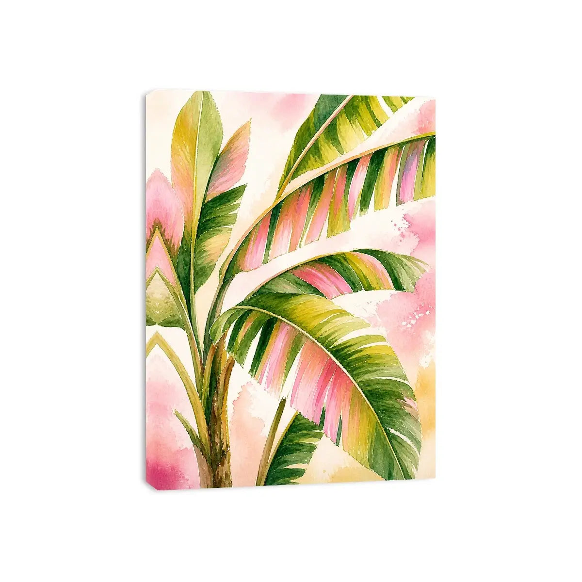 Tropical banana leaf watercolor wall art in blush pink and green botanical canvas print