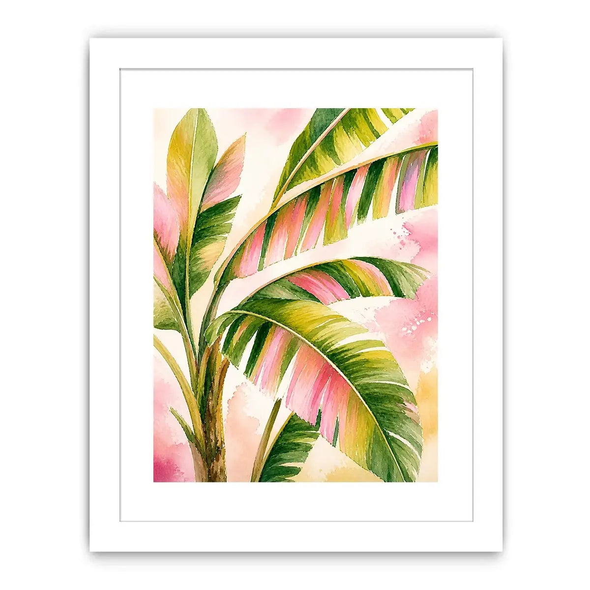 Tropical banana leaf watercolor wall art in blush pink and green botanical canvas print