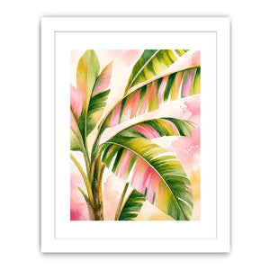 Tropical banana leaf watercolor wall art in blush pink and green botanical canvas print