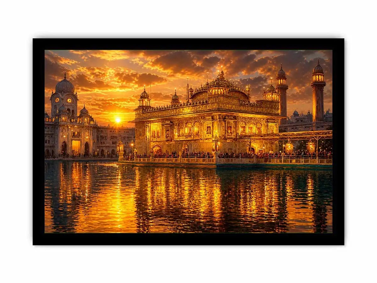 Golden Temple wall art featuring illuminated sacred Sikh architecture, glowing sunset sky, reflective water, and luxurious spiritual landscape photography for elegant interiors