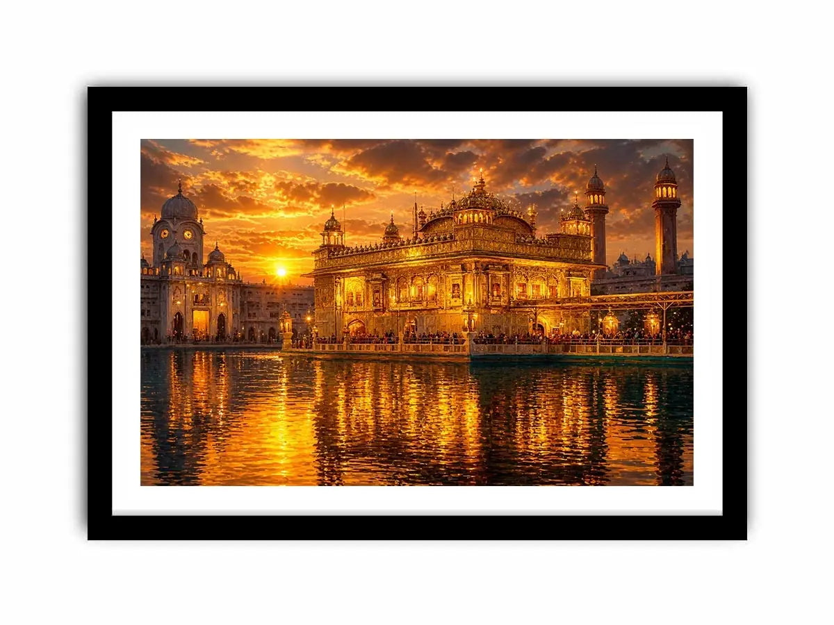 Golden Temple wall art featuring illuminated sacred Sikh architecture, glowing sunset sky, reflective water, and luxurious spiritual landscape photography for elegant interiors