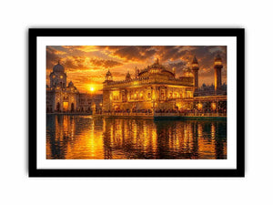 Golden Temple wall art featuring illuminated sacred Sikh architecture, glowing sunset sky, reflective water, and luxurious spiritual landscape photography for elegant interiors