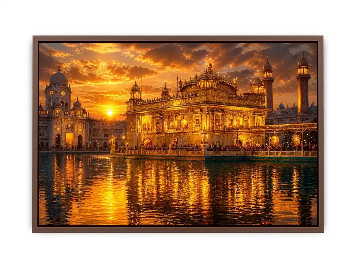 Golden Temple wall art featuring illuminated sacred Sikh architecture, glowing sunset sky, reflective water, and luxurious spiritual landscape photography for elegant interiors