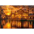 Golden Temple wall art featuring illuminated sacred Sikh architecture, glowing sunset sky, reflective water, and luxurious spiritual landscape photography for elegant interiors