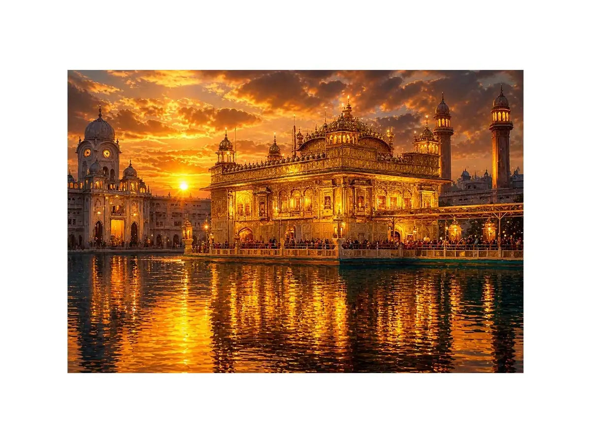 Golden Temple wall art featuring illuminated sacred Sikh architecture, glowing sunset sky, reflective water, and luxurious spiritual landscape photography for elegant interiors