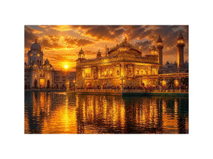 Golden Temple wall art featuring illuminated sacred Sikh architecture, glowing sunset sky, reflective water, and luxurious spiritual landscape photography for elegant interiors