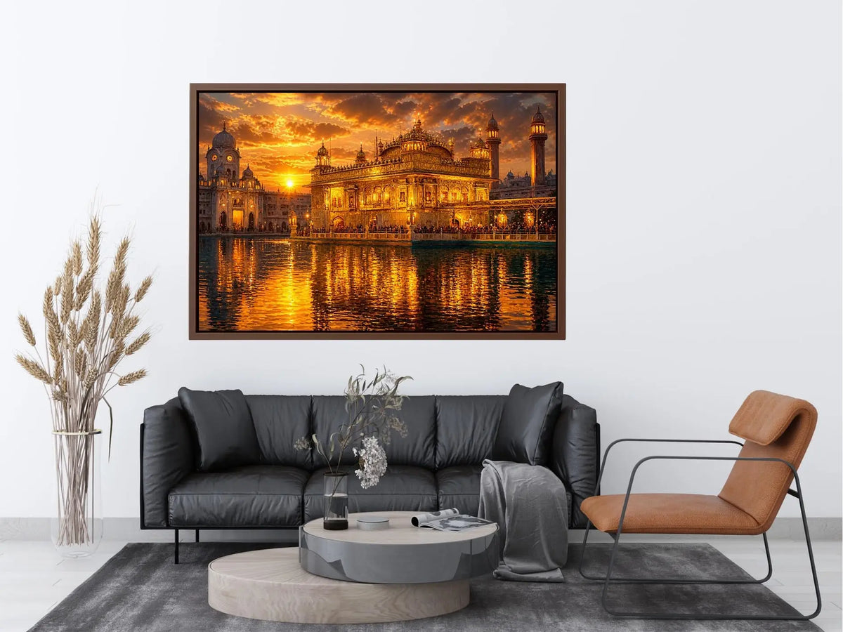 Golden Temple wall art featuring illuminated sacred Sikh architecture, glowing sunset sky, reflective water, and luxurious spiritual landscape photography for elegant interiors