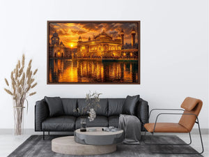 Golden Temple wall art featuring illuminated sacred Sikh architecture, glowing sunset sky, reflective water, and luxurious spiritual landscape photography for elegant interiors